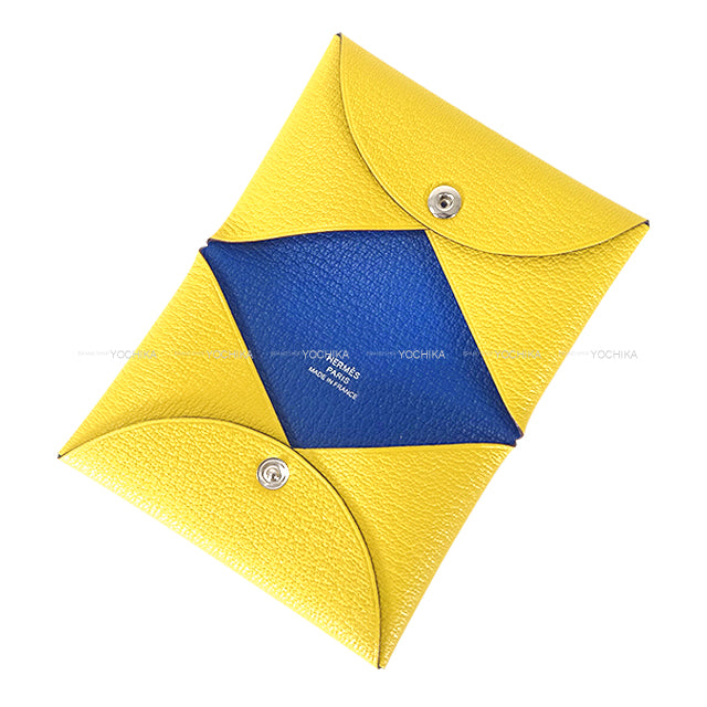 HERMES card holder Calvi Verso Jaune de Naples/Bleu Saphir Chevre Mysore Silver HW Stamp K[BRAND NEW][Authentic]