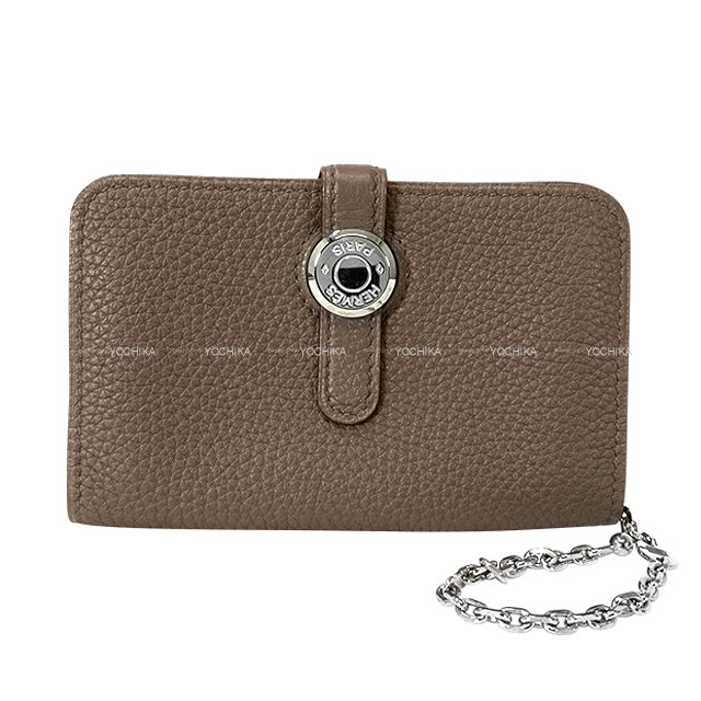 [Pre-loved] HERMES card holder Coin Dogon with chain Etain Veau Togo Silver HW Stamp □P[LIKE NEW][Authentic]