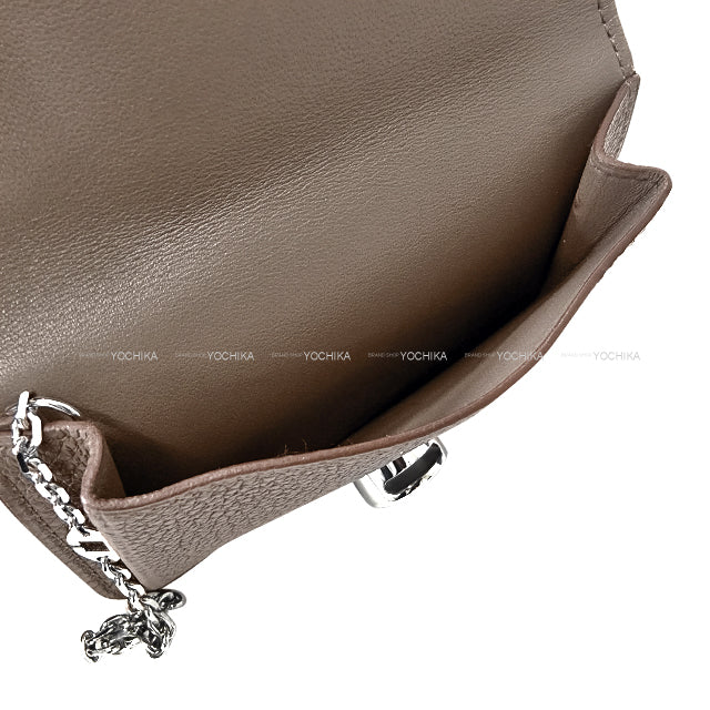 [Pre-loved] HERMES card holder Coin Dogon with chain Etain Veau Togo Silver HW Stamp □P[LIKE NEW][Authentic]
