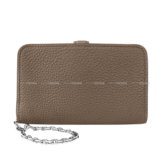 [Pre-loved] HERMES card holder Coin Dogon with chain Etain Veau Togo Silver HW Stamp □P[LIKE NEW][Authentic]