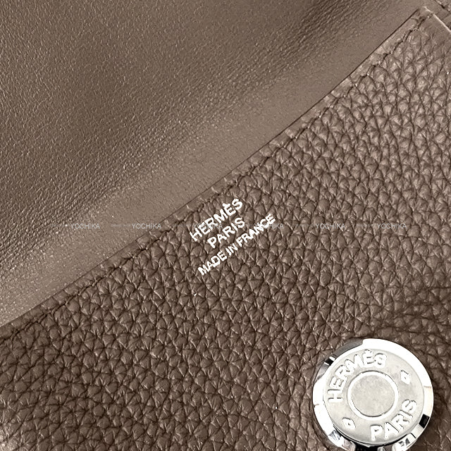 [Pre-loved] HERMES card holder Coin Dogon with chain Etain Veau Togo Silver HW Stamp □P[LIKE NEW][Authentic]