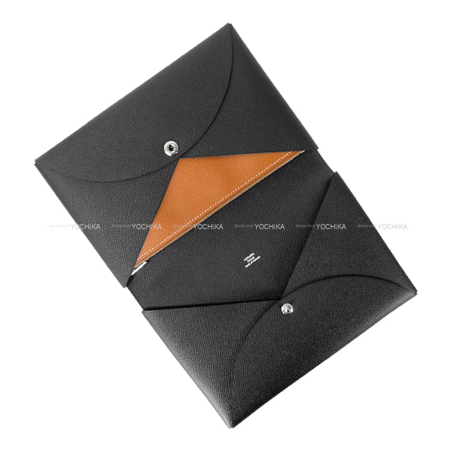 [Pre-loved] HERMES Clutch bag Calvi Poshetto MM Noir (Black)/Gold Veau Epsom Silver HW Stamp A[LIKE NEW][Authentic]