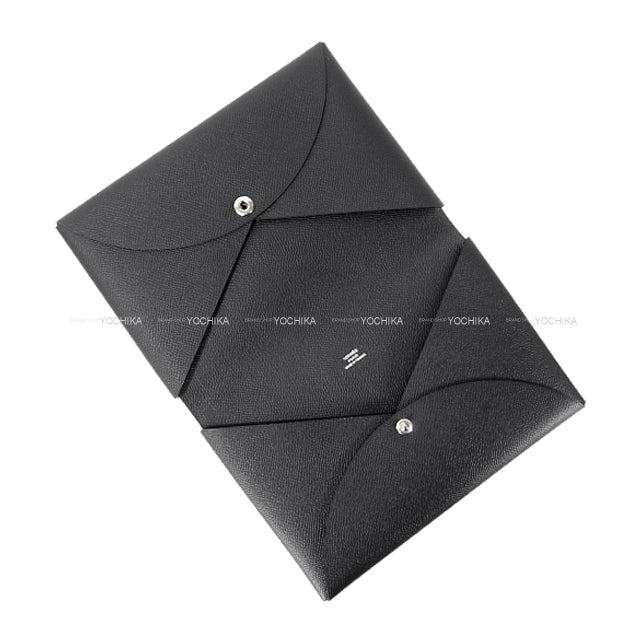 [Pre-loved] HERMES Clutch bag Calvi Poshetto MM Noir (Black)/Gold Veau Epsom Silver HW Stamp A[LIKE NEW][Authentic]
