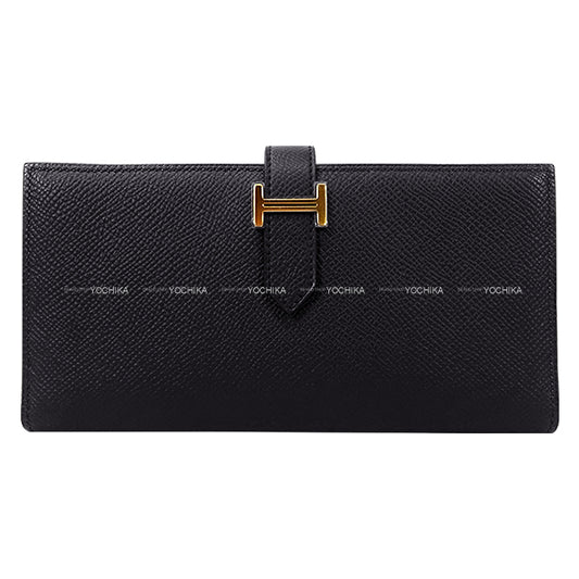 HERMES long wallet Bearn Soufflet Verso Noir (Black)/Rouge H Veau Epsom Gold HW Stamp K[BRAND NEW][Authentic]