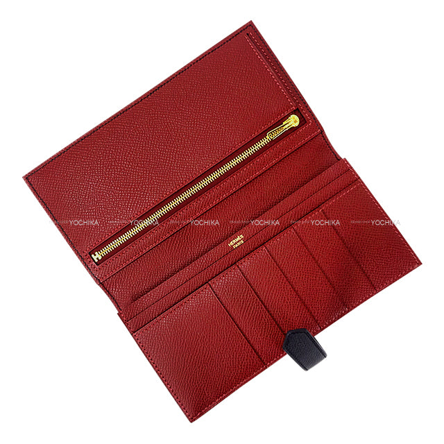 HERMES long wallet Bearn Soufflet Verso Noir (Black)/Rouge H Veau Epsom Gold HW Stamp K[BRAND NEW][Authentic]