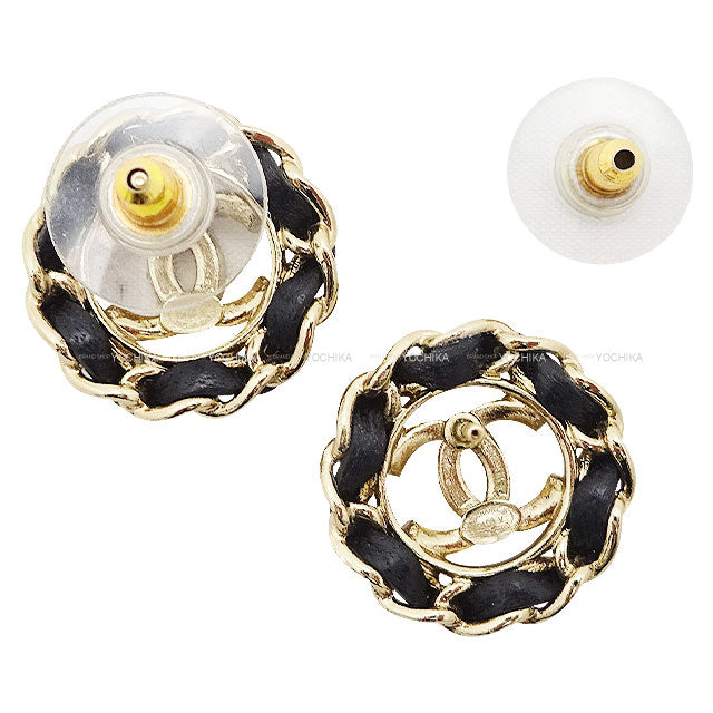 [Pre-loved] 2024 CHANEL pierced earring COCO mark chain trimming Noir (Black)/Gold Metal/Lambskin/Strass Gold HW AB8297[LIKE NEW][Authentic]