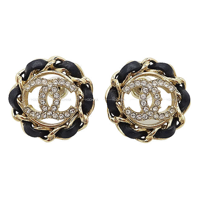 [Pre-loved] 2024 CHANEL pierced earring COCO mark chain trimming Noir (Black)/Gold Metal/Lambskin/Strass Gold HW AB8297[LIKE NEW][Authentic]