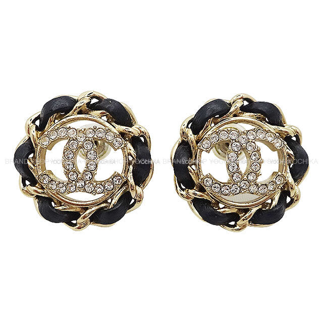 [Pre-loved] 2024 CHANEL pierced earring COCO mark chain trimming Noir (Black)/Gold Metal/Lambskin/Strass Gold HW AB8297[LIKE NEW][Authentic]