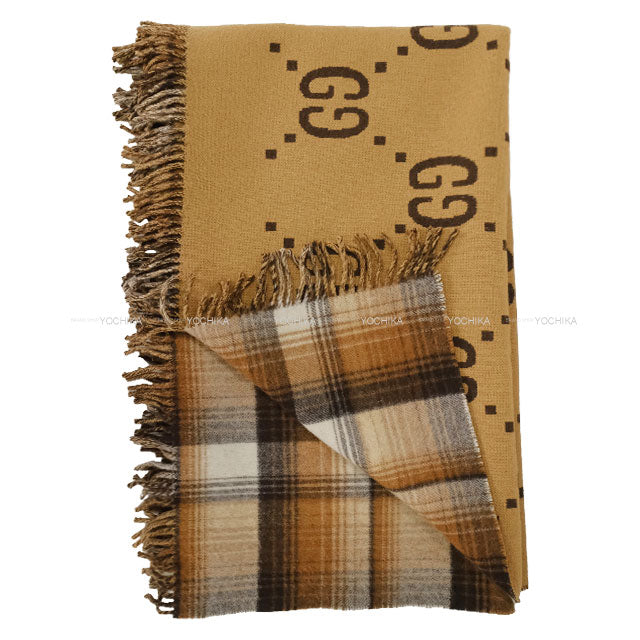 [Pre-loved] GUCCI GG & Check Reversible Blanket Brown Wool 563826[LIKE NEW][Authentic]