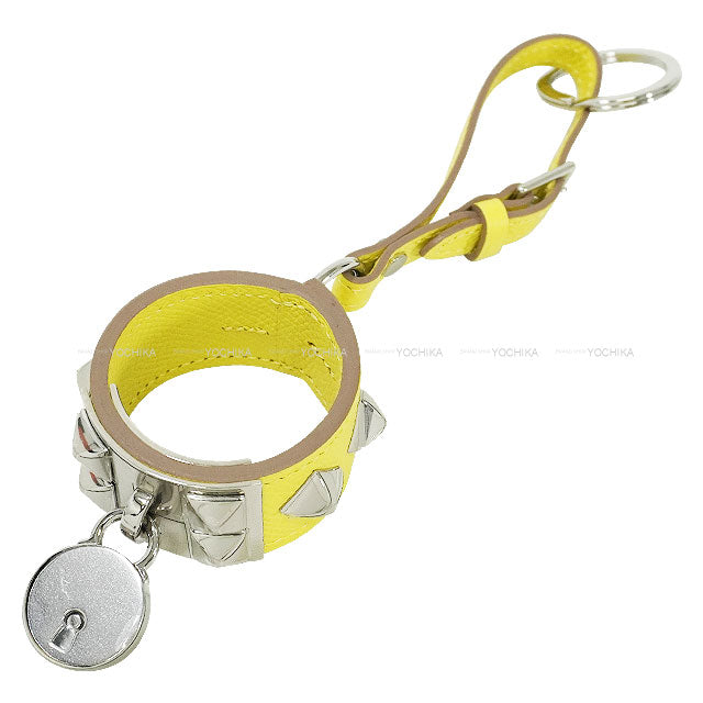 HERMES Scarf ring Porto Kure COLLIER DE CHIEN Lime Veau Epsom Silver HW Stamp A[EXCELLENT][Authentic]