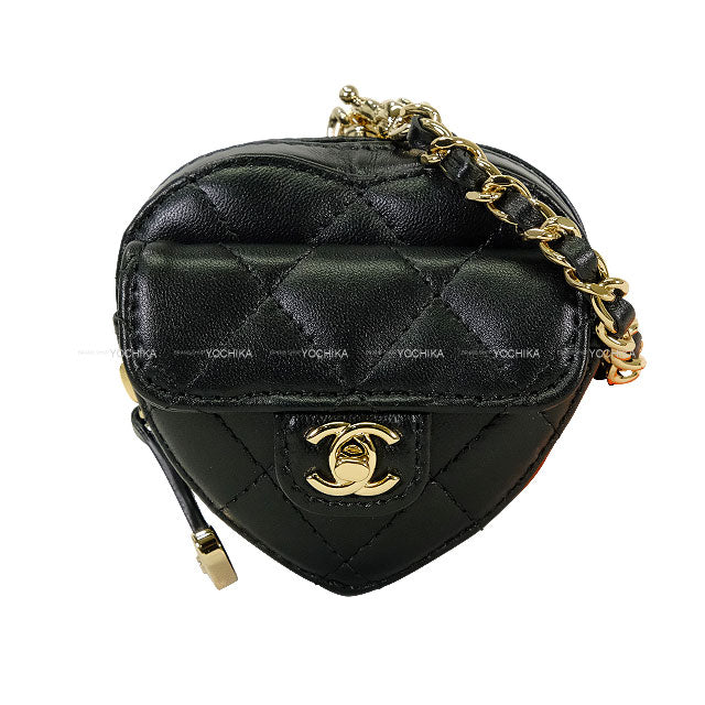 CHANEL bag charm Matelasse COCO Mark Mini Heart Noir (Black) Lambskin Champagne Gold HW AP4838[BRAND NEW][Authentic]