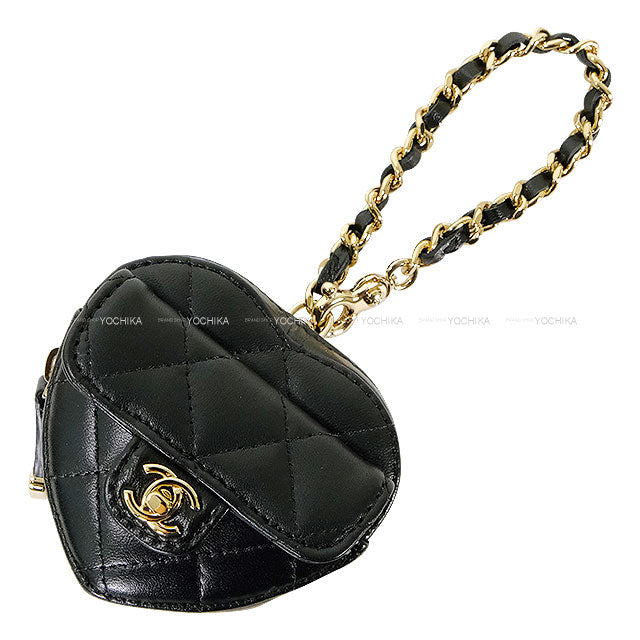 CHANEL bag charm Matelasse COCO Mark Mini Heart Noir (Black) Lambskin Champagne Gold HW AP4838[BRAND NEW][Authentic]