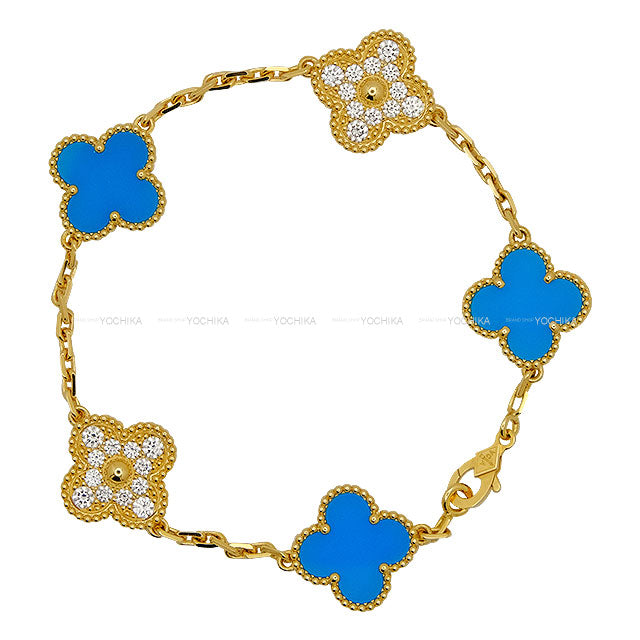 [Pre-loved] Van Cleef & Arpels bracelet Vintage Alhambra 5 Motifs Gold/Blue K18/Turquoise/Diamond[LIKE NEW][Authentic]