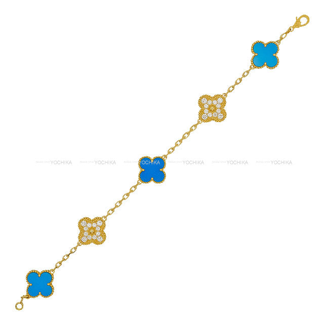[Pre-loved] Van Cleef & Arpels bracelet Vintage Alhambra 5 Motifs Gold/Blue K18/Turquoise/Diamond[LIKE NEW][Authentic]