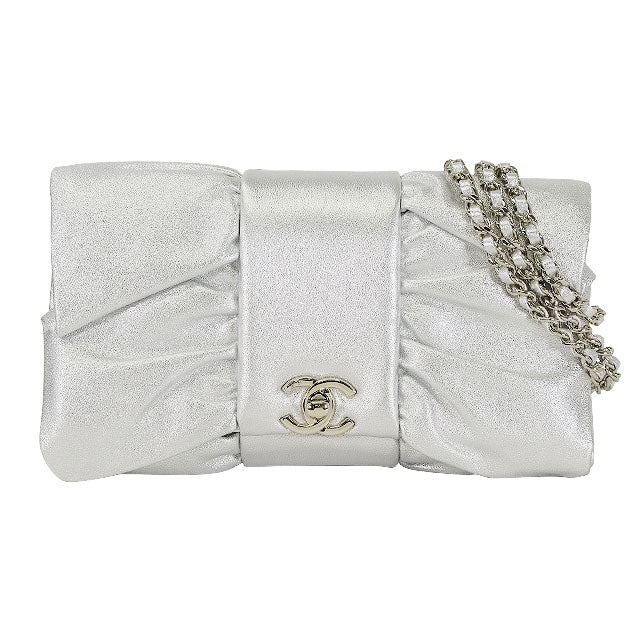 [Pre-loved] 2025AW CHANEL Shoulder bag Chain Ribbon COCO Mark Metallic Silver Lambskin Silver HW AS5129[LIKE NEW][Authentic]