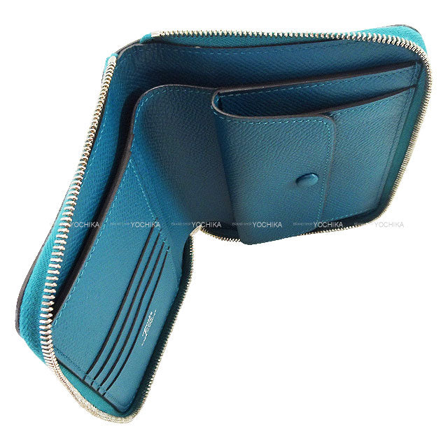 HERMES Bi-fold wallet Azap Vertical Vert Bosphore Veau Epsom Silver HW Stamp Y[EXCELLENT][Authentic]