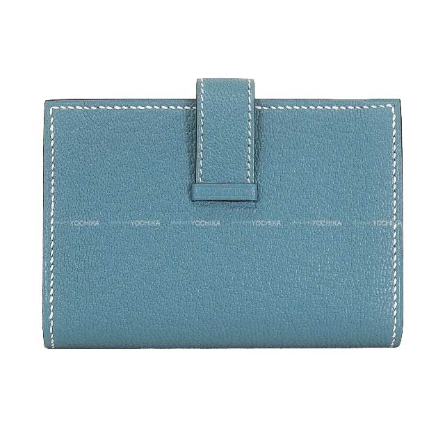HERMES card holder Bearn Card holder New Bleu Jean Chevre Mysore Gold HW Stamp Ｗ[EXCELLENT][Authentic]