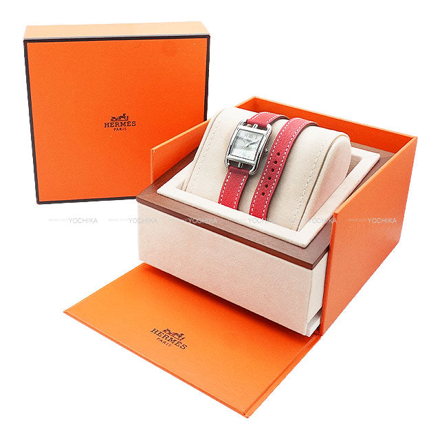 [Pre-loved] HERMES Watches Cape Cod Double Tour PM 31mm Rose Lipstick Chevre Mysore/Stainless steel Silver HW Stamp □P CC1.210[LIKE NEW][Authentic]
