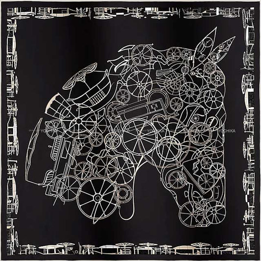 HERMES scarf Carre 90 Pre-shoe Complication Equestre Beads Noir (Black)/Blanc (White) Silk100%/Beads[BRAND NEW][Authentic]