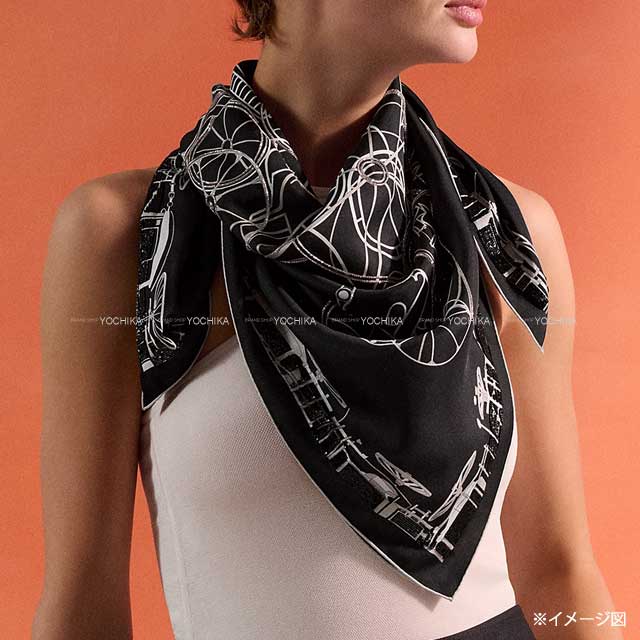 HERMES scarf Carre 90 Pre-shoe Complication Equestre Beads Noir (Black)/Blanc (White) Silk100%/Beads[BRAND NEW][Authentic]