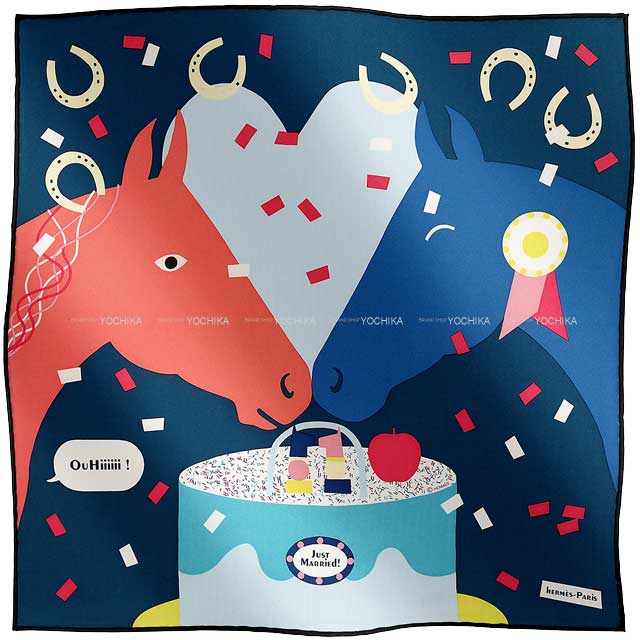 HERMES scarf Carre 45 Gavroche Just Married Ciel/Rose/Marine Silk100%[EXCELLENT][Authentic]