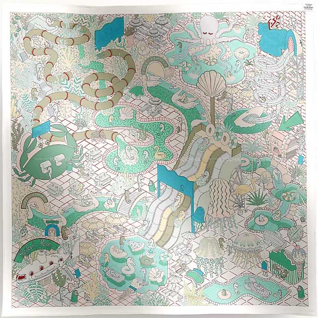 HERMES scarf Carre 90 Splash Park Double face Blanc (White)/Mauve