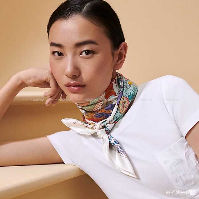 HERMES scarf Carre 90 Splash Park Double face Blanc (White)/Mauve/Multicolor Silk100%[EXCELLENT][Authentic]