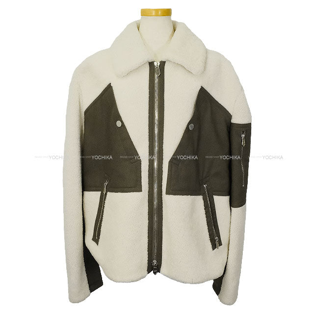 2021AW HERMES Blouson Men’s Jacket Shearling Fleece Zip-Up Sellier Buttons Ivory/Kaki Lambskin/Cotton/Polyamide #52[EXCELLENT][Authentic]