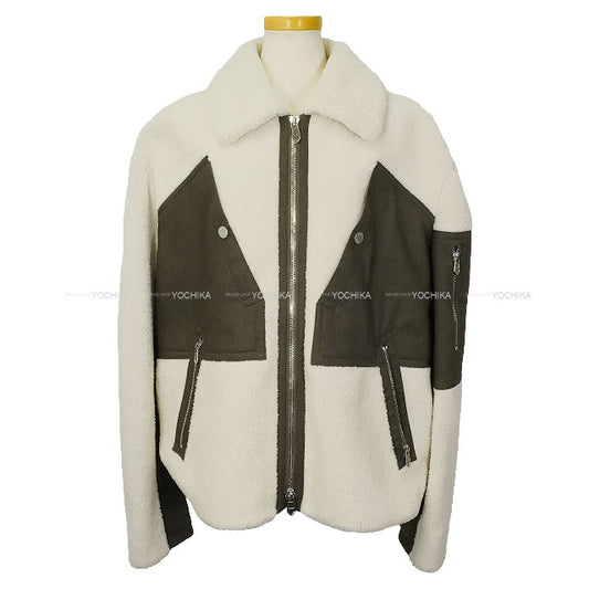 2021AW HERMES Blouson Men’s Jacket Shearling Fleece Zip-Up Sellier Buttons Ivory/Kaki Lambskin/Cotton/Polyamide #52[EXCELLENT][Authentic]