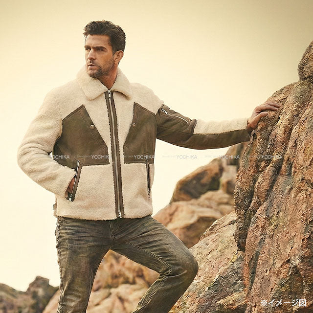 2021AW HERMES Blouson Men’s Jacket Shearling Fleece Zip-Up Sellier Buttons Ivory/Kaki Lambskin/Cotton/Polyamide #52[EXCELLENT][Authentic]