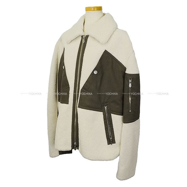 2021AW HERMES Blouson Men’s Jacket Shearling Fleece Zip-Up Sellier Buttons Ivory/Kaki Lambskin/Cotton/Polyamide #52[EXCELLENT][Authentic]