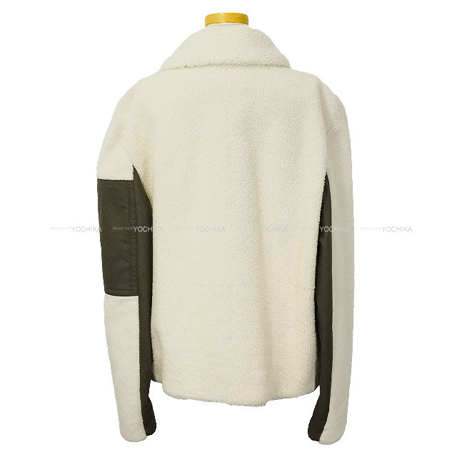 2021AW HERMES Blouson Men’s Jacket Shearling Fleece Zip-Up Sellier Buttons Ivory/Kaki Lambskin/Cotton/Polyamide #52[EXCELLENT][Authentic]