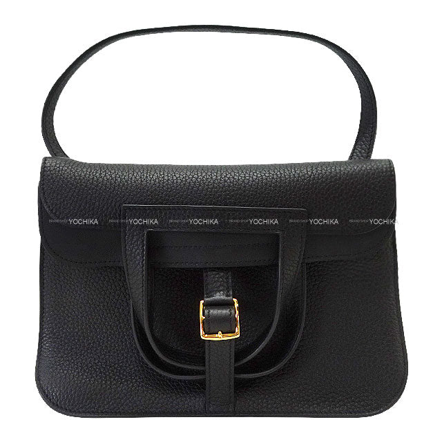 [Pre-loved] HERMES Shoulder bag Halzan 25 Noir (Black) Taurillon Clemence/Veau Swift Gold HW Stamp U[LIKE NEW][Authentic]