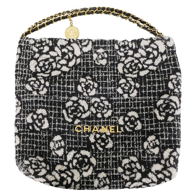 2023AW CHANEL Shoulder bag CHANEL 22 Regular(Medium) Matelasse With Medal Charm Hobo Camellia Noir (Black)/Blanc (White) Cashmere Jacquard Mat Gold HW[EXCELLENT][Authentic]