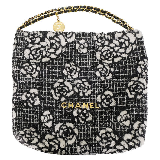 2023AW CHANEL Shoulder bag CHANEL 22 Regular(Medium) Matelasse With Medal Charm Hobo Camellia Noir (Black)/Blanc (White) Cashmere Jacquard Mat Gold HW[EXCELLENT][Authentic]
