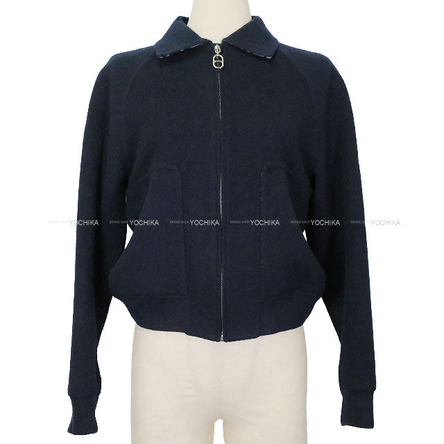 [Pre-loved] HERMES Blouson Ladies Chaine D'ancre with collar Navy Wool/Nylon #34 Silver HW 5E0176DE[LIKE NEW][Authentic]