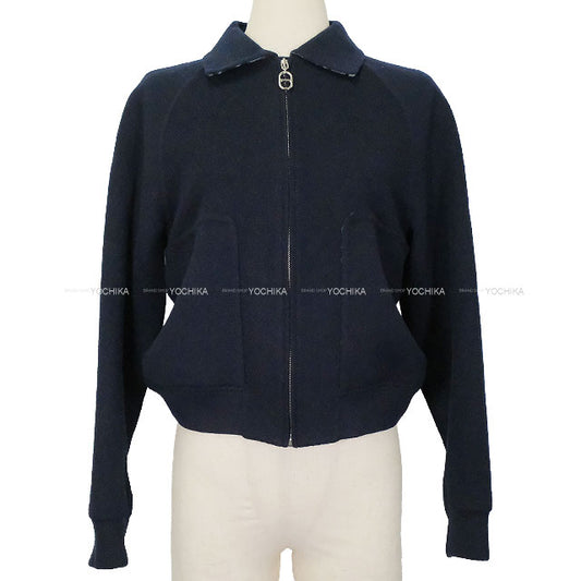 [Pre-loved] HERMES Blouson Ladies Chaine D'ancre with collar Navy Wool/Nylon #34 Silver HW 5E0176DE[LIKE NEW][Authentic]