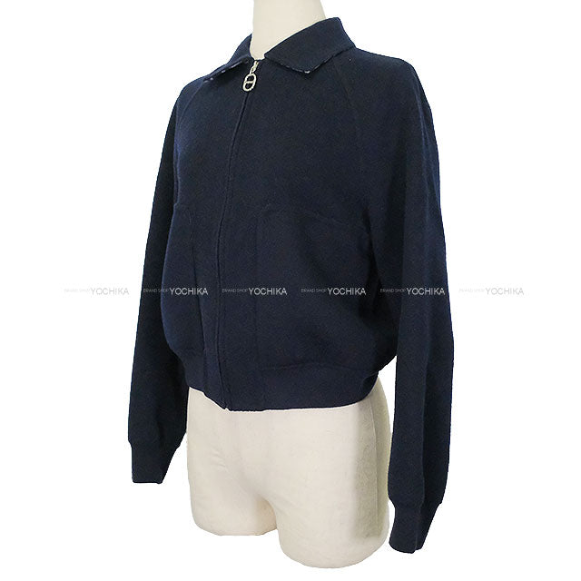 [Pre-loved] HERMES Blouson Ladies Chaine D'ancre with collar Navy Wool/Nylon #34 Silver HW 5E0176DE[LIKE NEW][Authentic]