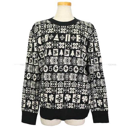 2019AW CHANEL Knit Coconage Snow Tree Icon Noir (Black)/Blanc (White) Cashmere #48 P62184[EXCELLENT][Authentic]