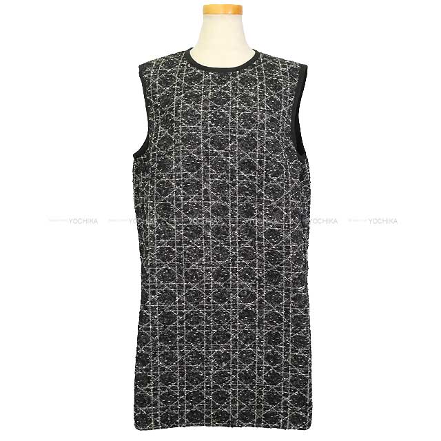 2024SS Dior One‐piece dress Macrocannage sleeveless tweed Noir (Black)/Blanc (White) Cotton/Acrylic #48 441B53A7795[EXCELLENT][Authentic]
