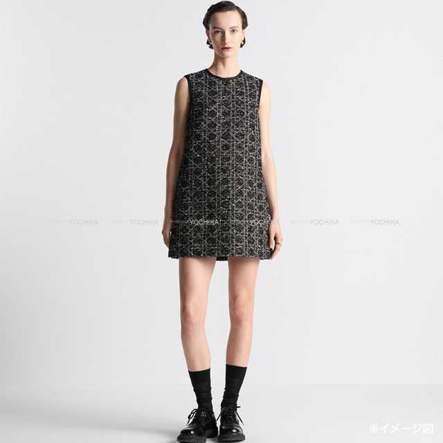 2024SS Dior One‐piece dress Macrocannage sleeveless tweed Noir (Black)/Blanc (White) Cotton/Acrylic #48 441B53A7795[EXCELLENT][Authentic]
