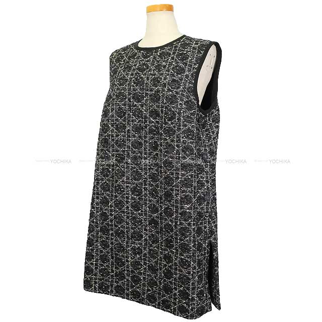 2024SS Dior One‐piece dress Macrocannage sleeveless tweed Noir (Black)/Blanc (White) Cotton/Acrylic #48 441B53A7795[EXCELLENT][Authentic]