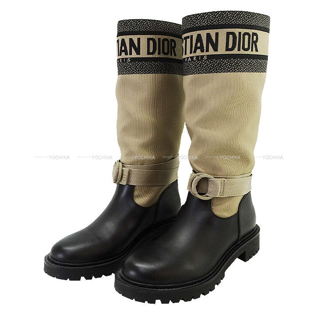 [Pre-loved] Dior boots D-MAJOR Beige/Noir (Black) Fabric #37.5 NE0420[LIKE NEW][Authentic]