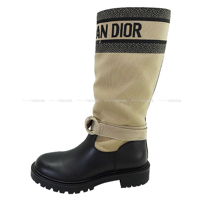 [Pre-loved] Dior boots D-MAJOR Beige/Noir (Black) Fabric #37.5 NE0420[LIKE NEW][Authentic]