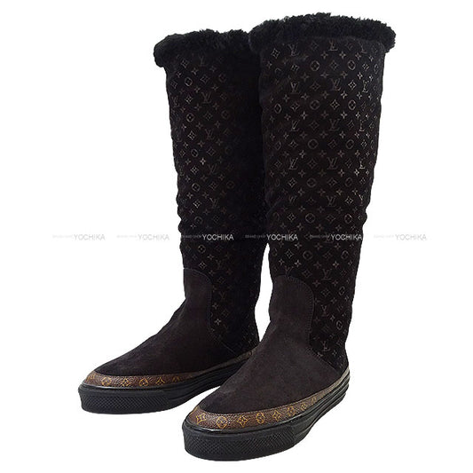 LOUIS VUITTON boots Long boots Monogram Snowball Line Brown Mouton #37[EXCELLENT][Authentic]