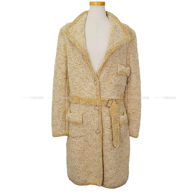 CHANEL Cardigan Coat Long Tweed Lion Button Yellow Polyester/Alpaca/Polyamide #38 Gold HW P64696[EXCELLENT][Authentic]