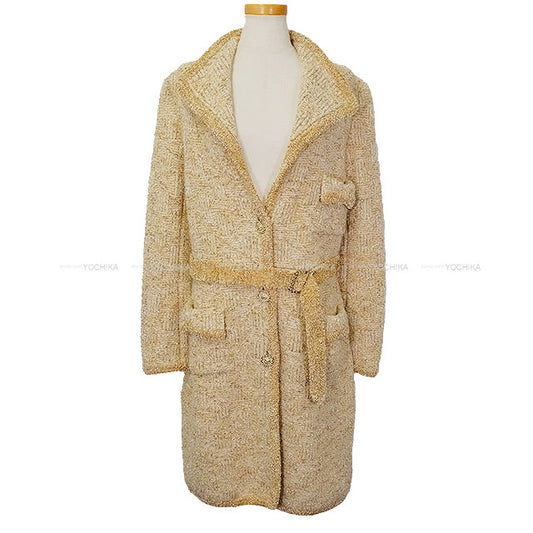 CHANEL Cardigan Coat Long Tweed Lion Button Yellow Polyester/Alpaca/Polyamide #38 Gold HW P64696[EXCELLENT][Authentic]