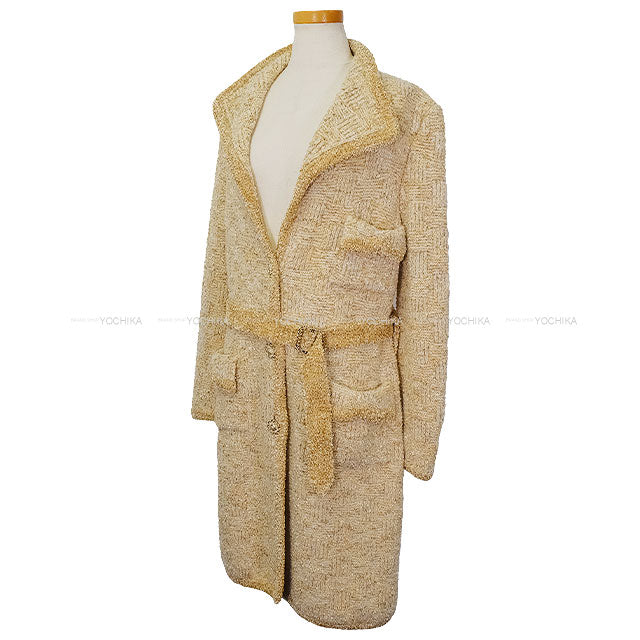 CHANEL Cardigan Coat Long Tweed Lion Button Yellow Polyester/Alpaca/Polyamide #38 Gold HW P64696[EXCELLENT][Authentic]