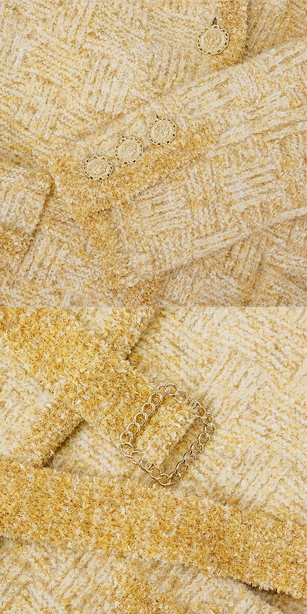 CHANEL Cardigan Coat Long Tweed Lion Button Yellow Polyester/Alpaca/Polyamide #38 Gold HW P64696[EXCELLENT][Authentic]