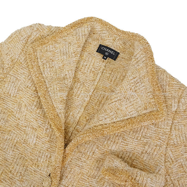 CHANEL Cardigan Coat Long Tweed Lion Button Yellow Polyester/Alpaca/Polyamide #38 Gold HW P64696[EXCELLENT][Authentic]